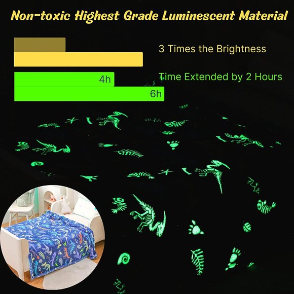 Bood Glow in The Dark Minky Fleece Dinosaur Kids Blanket - Picture 4 of 4